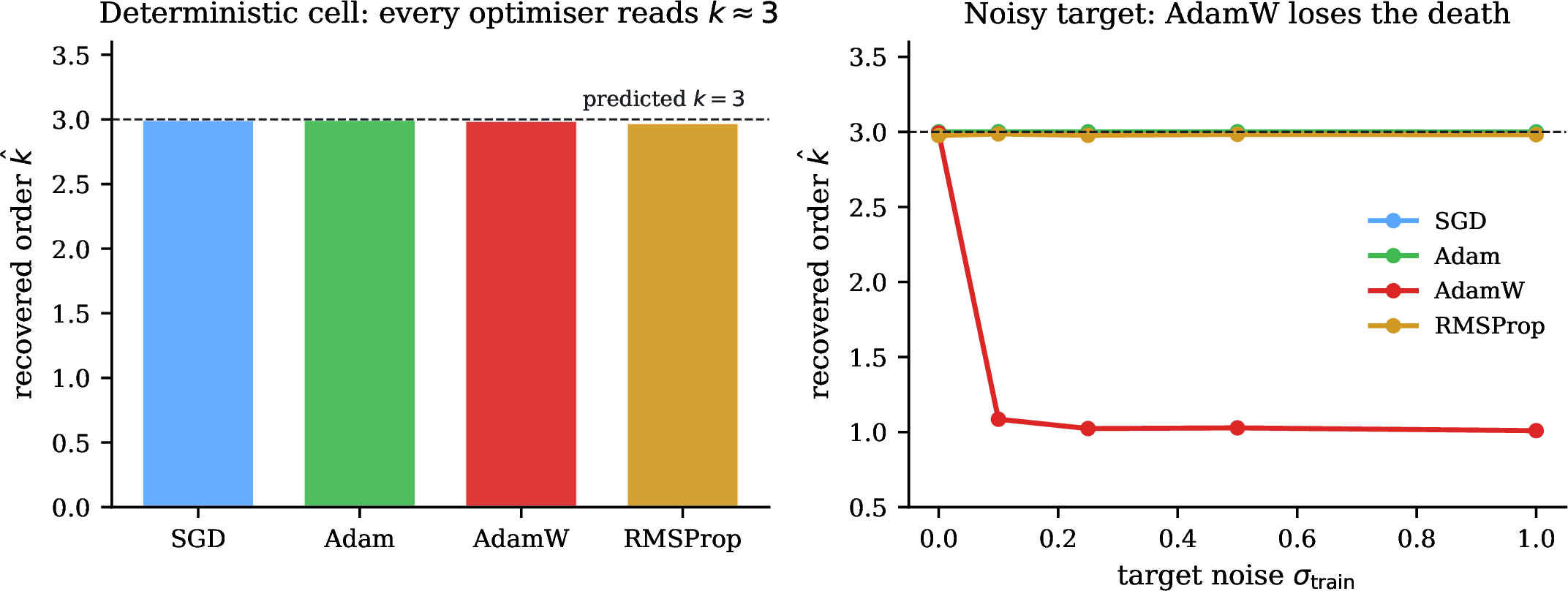 Figure 12: The optimiser-axis cell. Left: on the deterministic squared-ReLU teacher–student node-death every optimiser reads the predicted k{=}3. Right: under Gaussian target noise AdamW loses the death (the order reads deviant) while SGD, Adam, and RMSProp hold it.