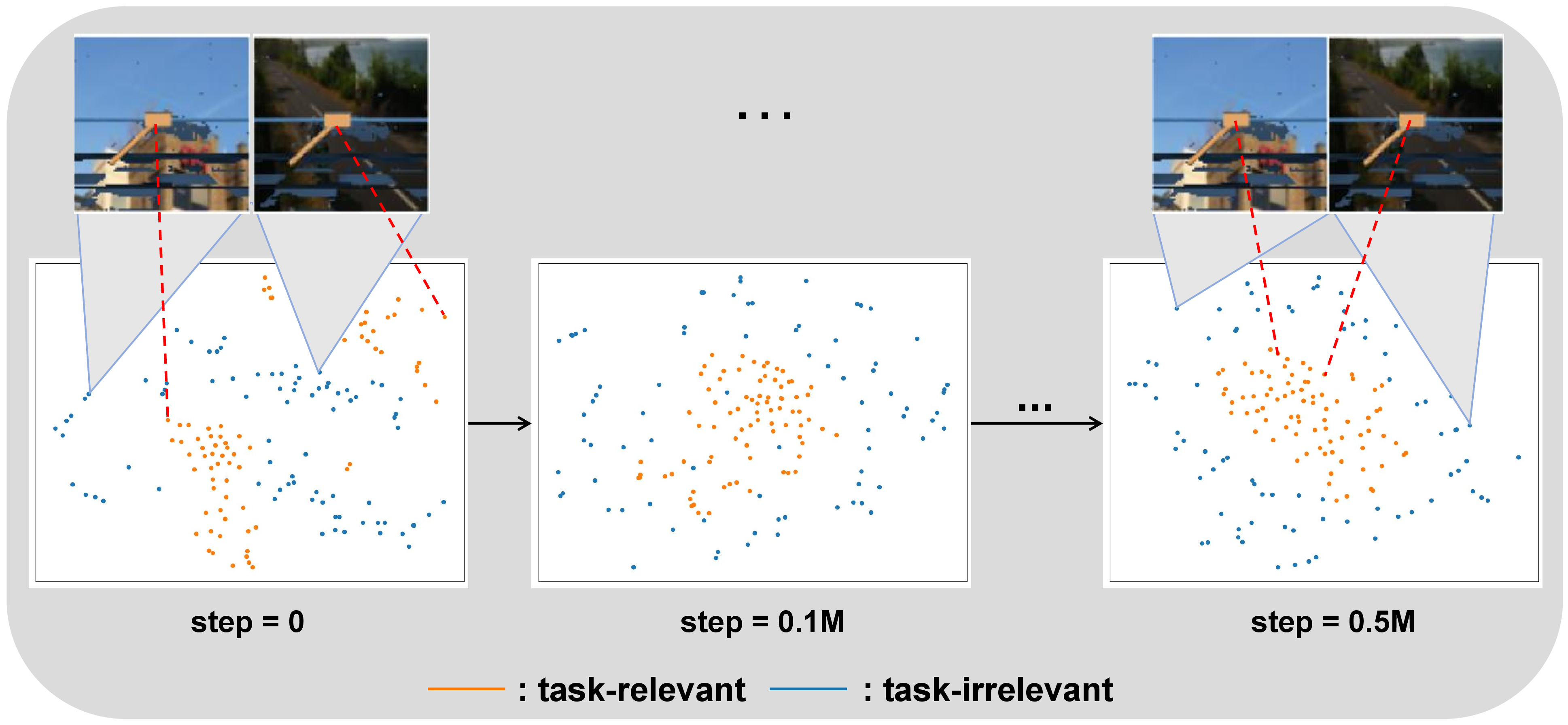 Figure 10: t-SNE visualization of decoupled task-relevant and task-irrelevant features across training steps.