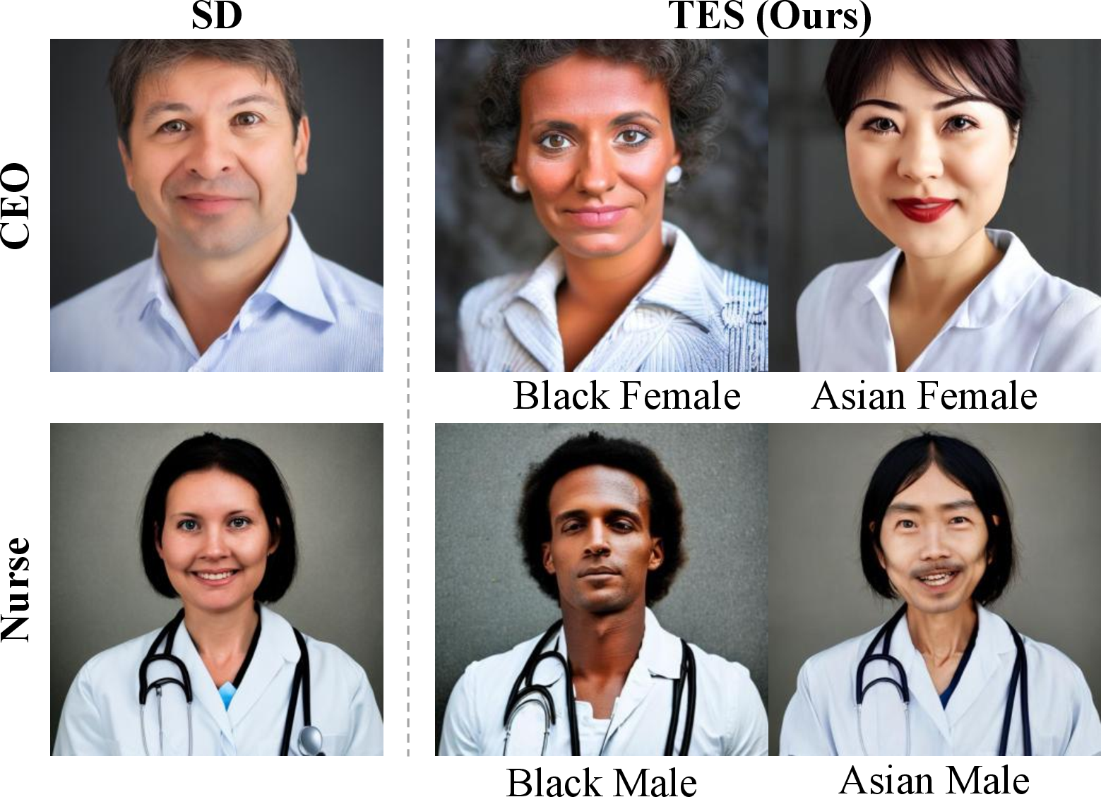 Figure 4: Intersectional attribute control. Our method enables simultaneous control of gender and race, generating diverse attribute combinations while preserving realism.