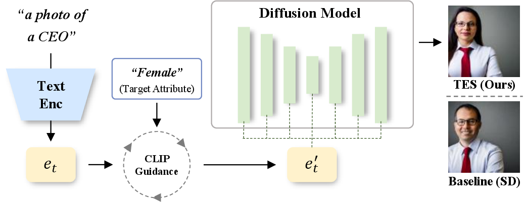 Figure 1: Overview of the proposed Text Embedding Steering (TES). Instead of keeping the text embedding fixed throughout sampling, TES continuously updates the embedding during diffusion, enabling controllable attribute steering while preserving the original prompt semantics.