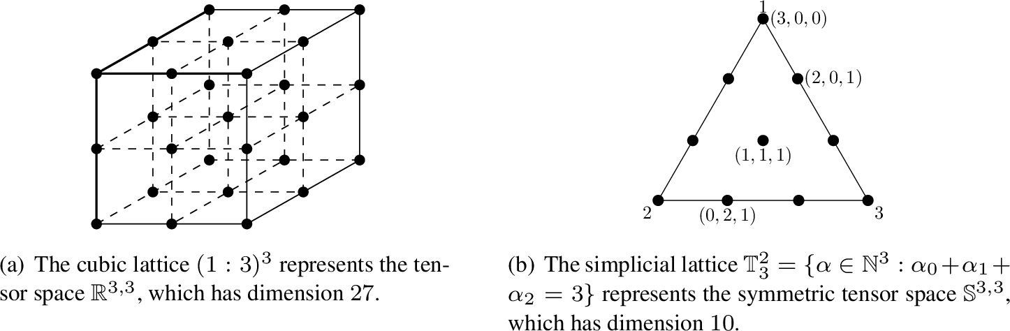 Figure 1: Lattice representations of tensor and symmetric tensor spaces.