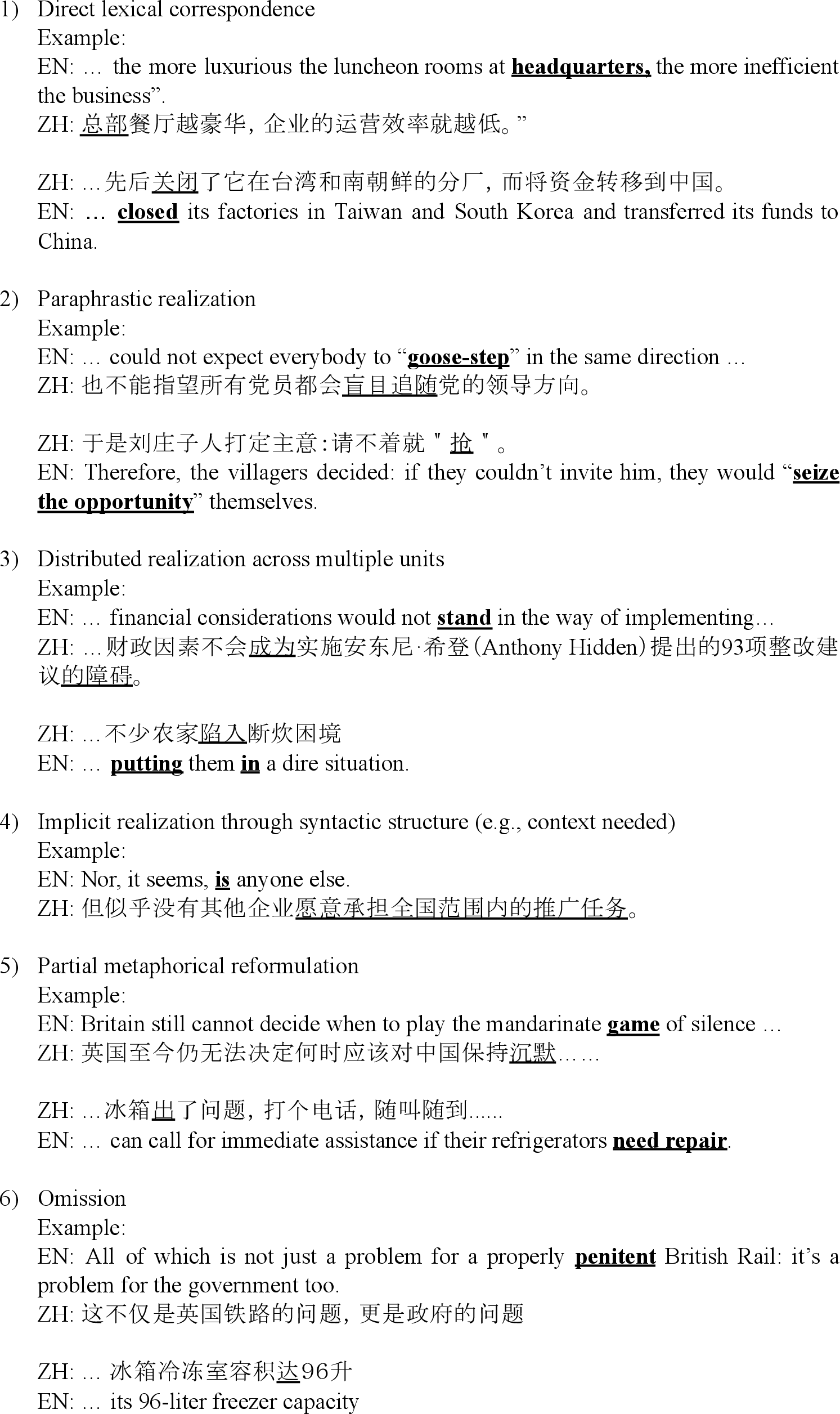 Figure 4: Metaphor translation alignment examples realized through different translational patterns