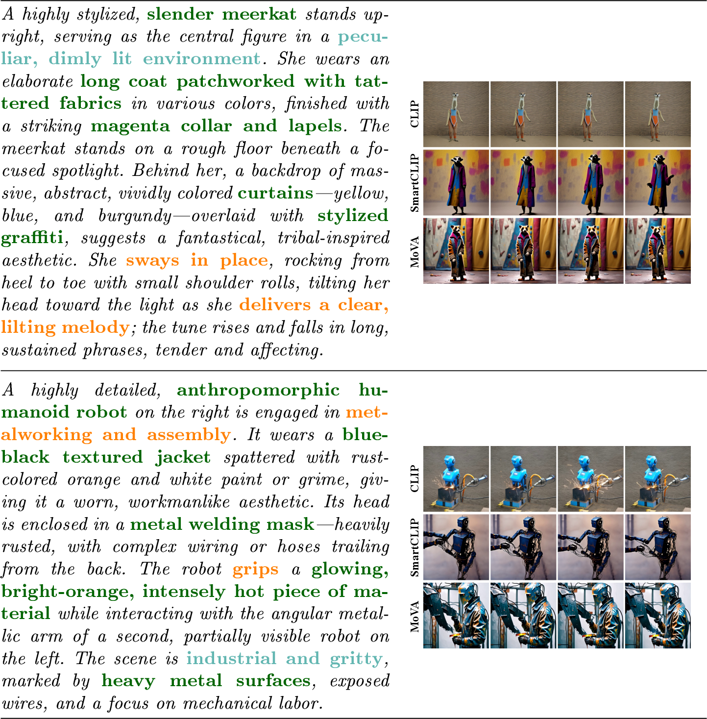 Figure 8: Additional Comparison Examples of Long-text-to-video generation. These examples further demonstrate MoVA’s capability in handling complex descriptive prompts. Top: The model accurately captures the stylized aesthetic, rendering the patchworked coat and the specific motion of swaying while singing. Bottom: MoVA successfully generates the fine-grained details of the rusted welding mask and the glowing material within an industrial atmosphere.