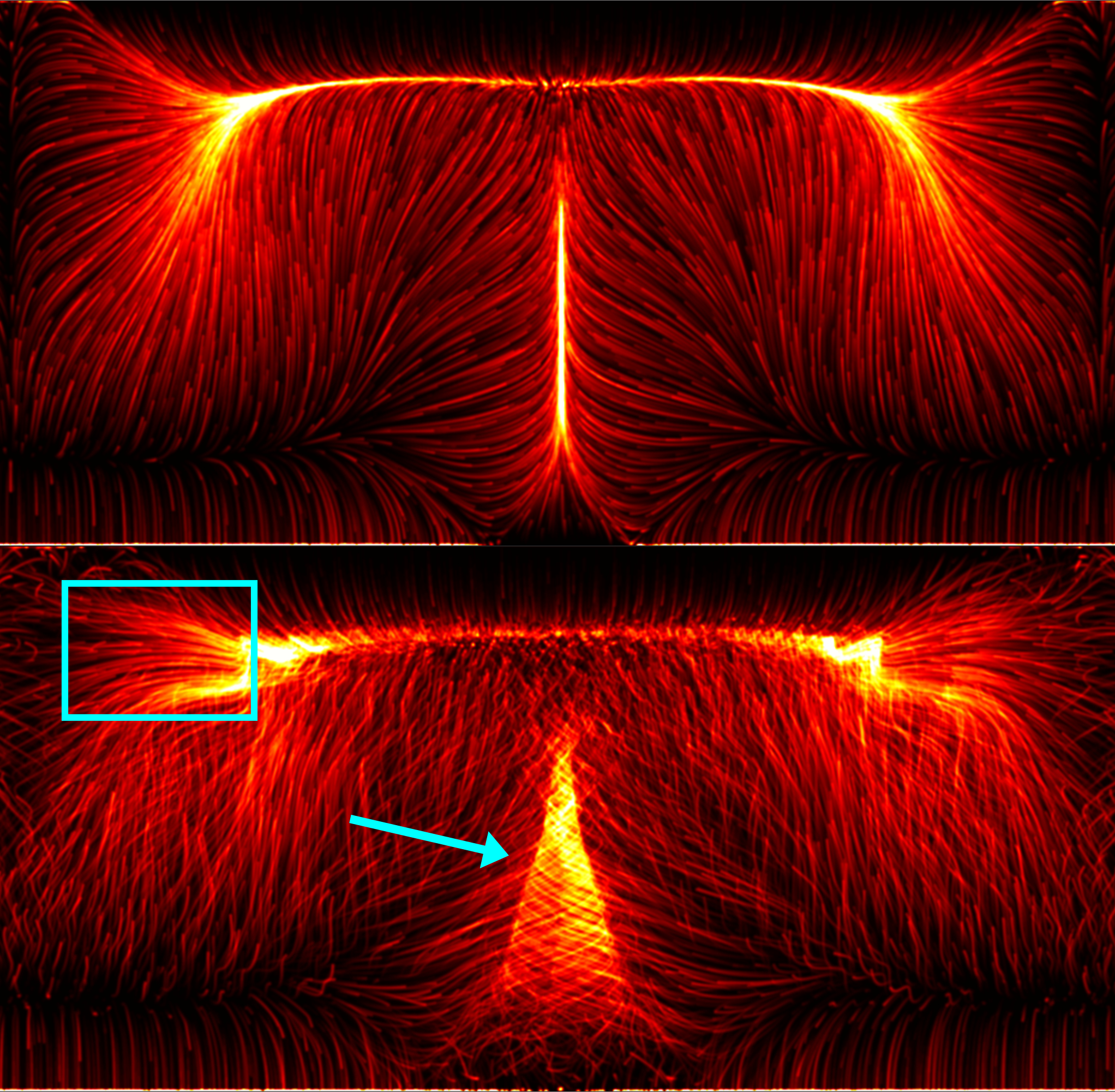 Figure 3: Repelling structures in the diffusion component of heat transport (hot colormap [13]) driven by a steady (top) and a periodic (bottom) flow. Although transport is aperiodic in both, coherent paths and thermal structures emerge.