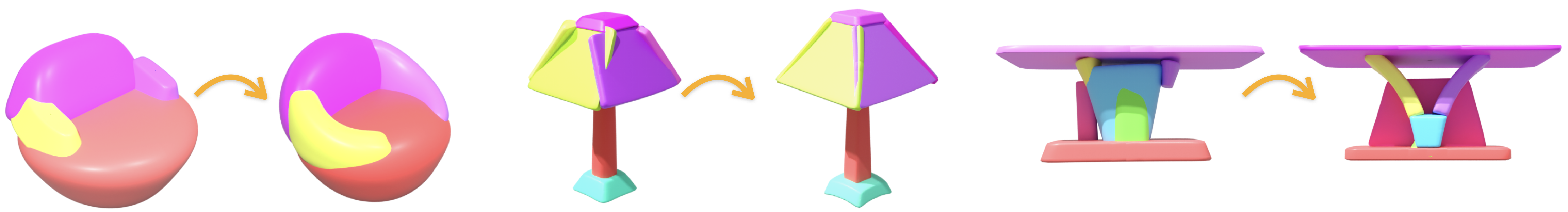 Figure 5: Qualitative Test-time Optimization Results. SuperFlex refinement fits curved parts with a compact set of flexible superquadric primitives.