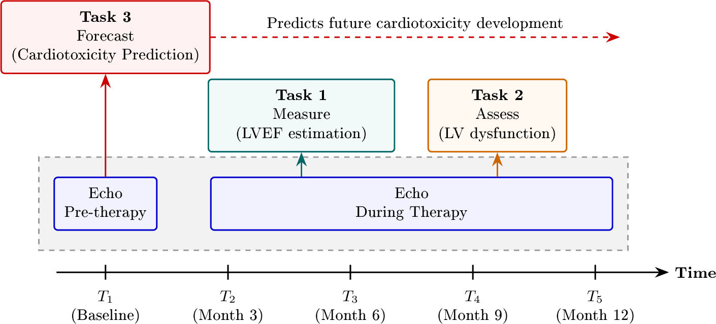 Figure 1: Clinical formulation of the EchoRisk-MICCAI 2026 challenge tasks. Task 1 focuses on cross-sectional estimation of cardiac function at any given timepoint. Task 2 tracks these parameters across multiple timepoints to classify longitudinal LV dysfunction. Task 3 utilises only the baseline (pre-therapy) echocardiogram to predict the future risk of developing cardiotoxicity.