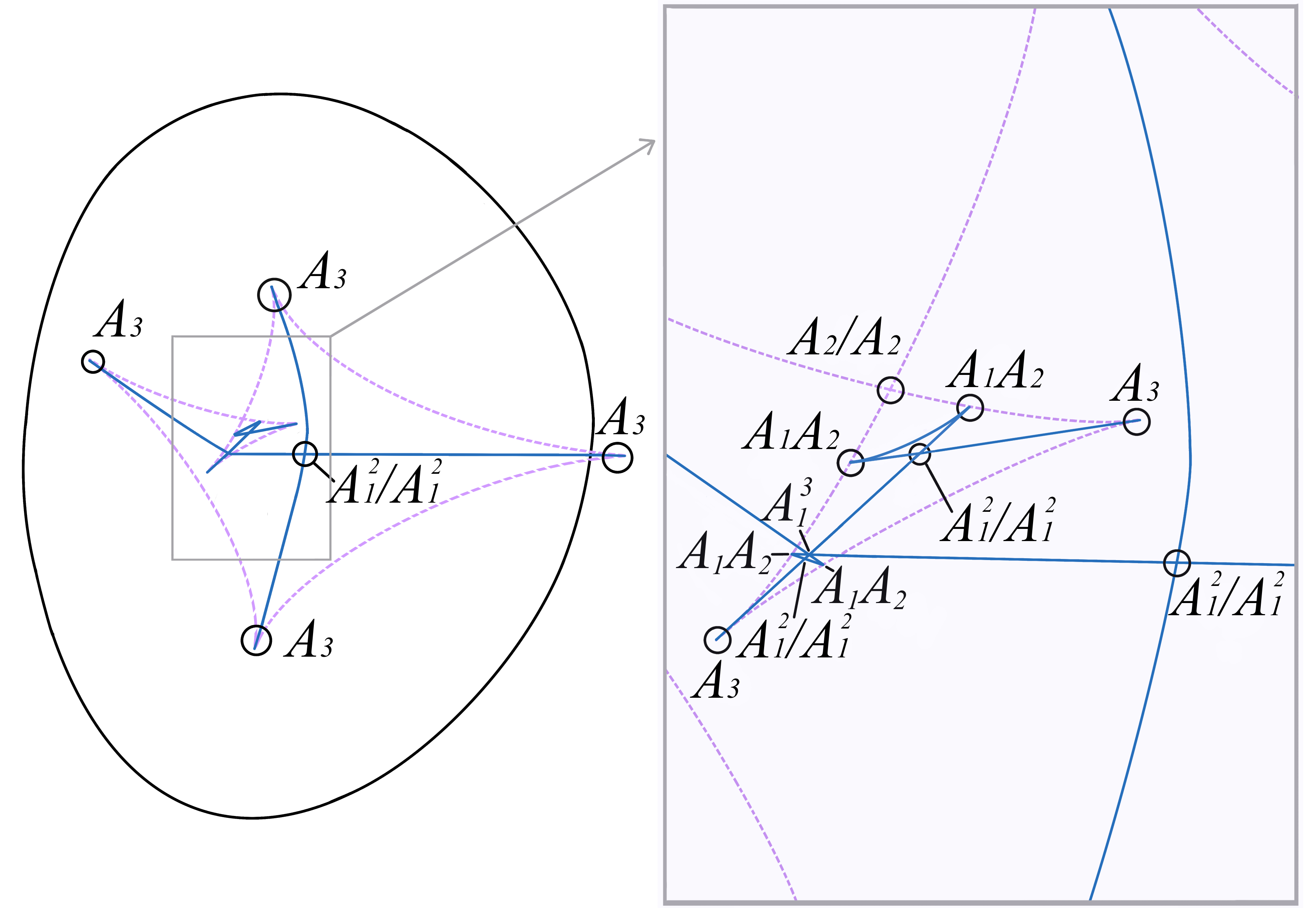 Figure 6: The singularities of the symmetry and focal set in the plane of a curve. Adjusted from Figure 3 of [30], which was not annotated. On the right, one finds a zoom-in of the configuration of singularities in the centre of the configuration.