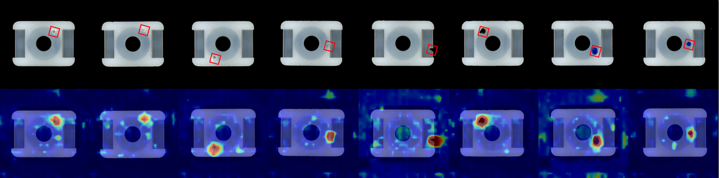 Figure 8: This visualization showcases the mount product from the Real-IAD dataset. The first row represents the input with the anomaly highlighted. The second row presents the segmentation results from our model.