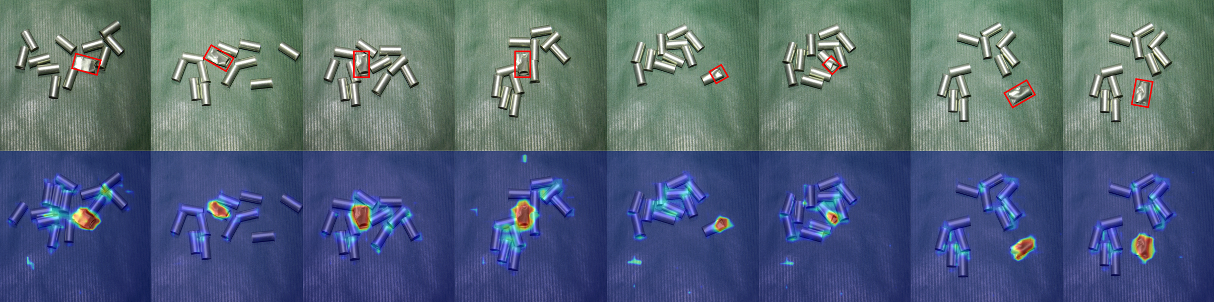 Figure 5: This visualization showcases the tube product from the MPDD dataset. The first row represents the input with the anomaly highlighted. The second row presents the segmentation results from our model.