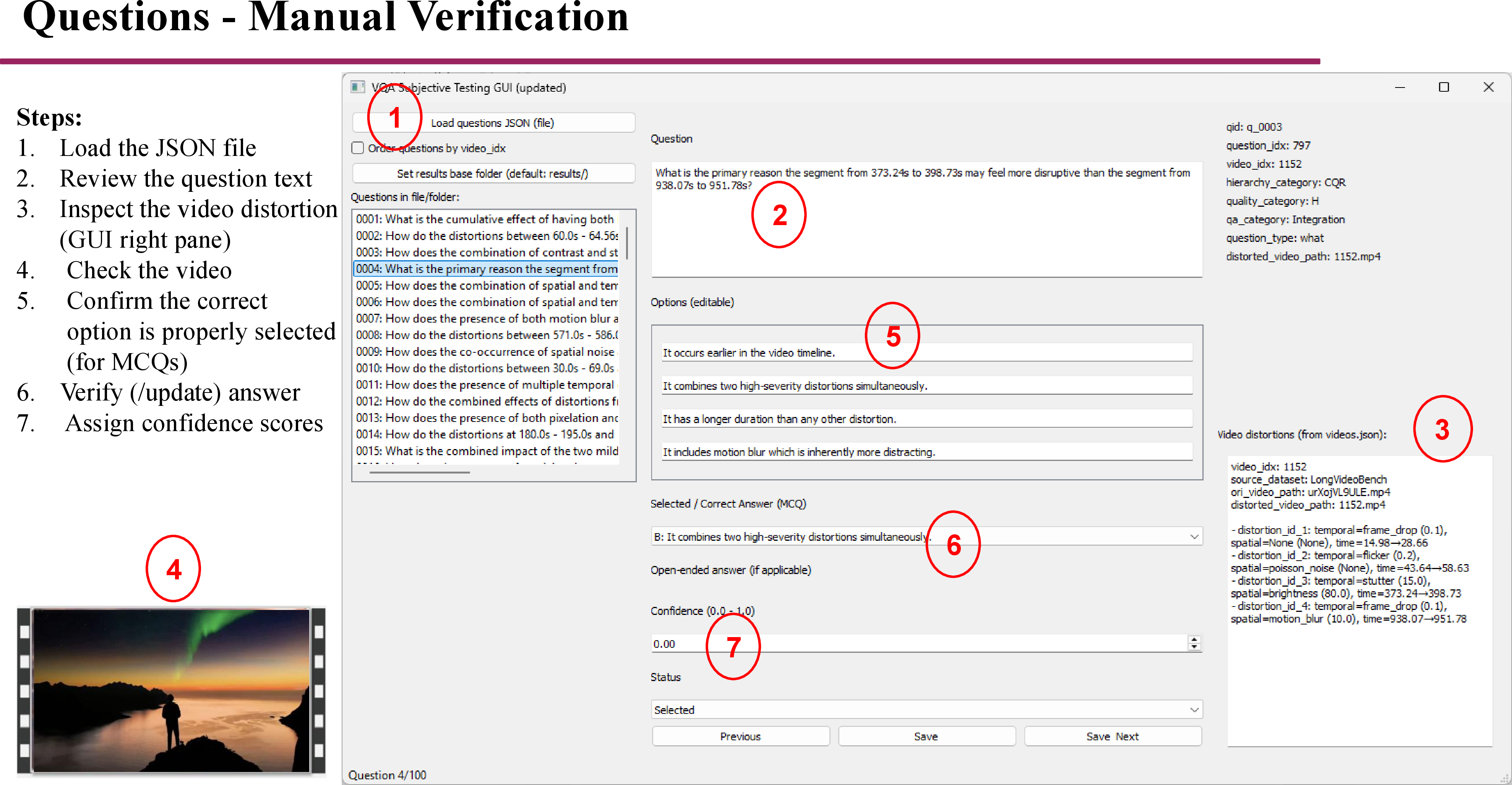 Figure 17: Question verification steps within the GUI, where annotators review generated questions and validate their correctness before inclusion in the dataset.