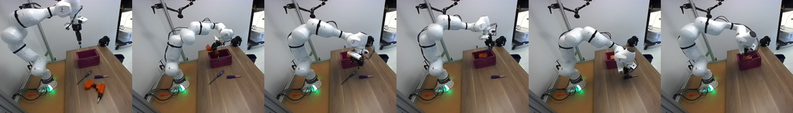 Figure 15: Real-robot execution trace: the action model drives a Franka Panda arm to place tools into a bucket.