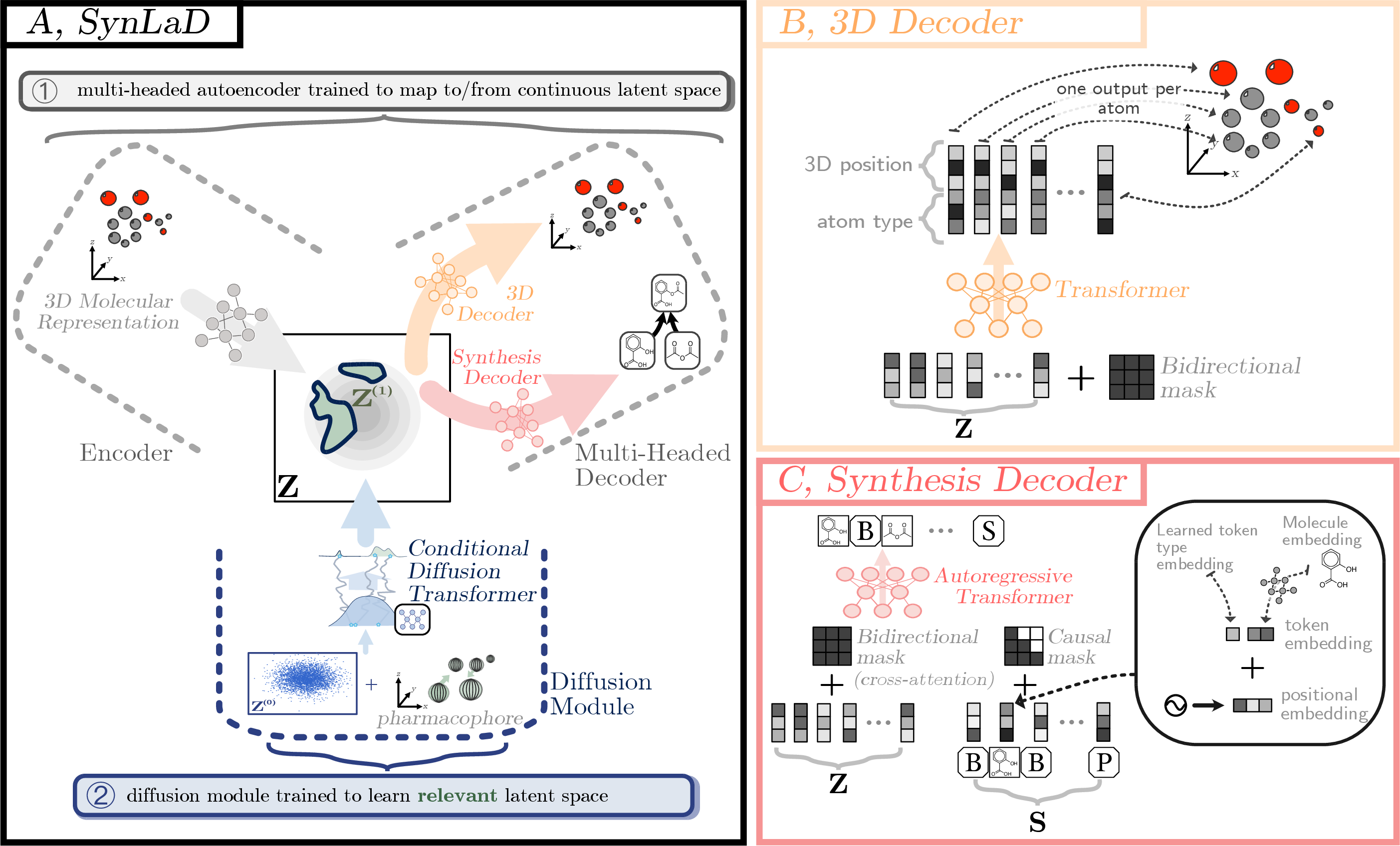 Figure 1: A, Overview of SynLaD: a multi-head generative model that jointly produces 3D molecular structures and synthesis plans. SynLaD is trained in two stages:  an autoencoder learns a latent representation of 3D molecules, with an auxiliary decoder that generates a synthesis plan for each structure.  a pharmacophore-conditioned diffusion model learns to sample latents that decode to molecules containing a desired pharmacophore. B, 3D Decoder: a transformer with a bidirectional mask maps latent representations to atom types and 3D coordinates. C, Synthesis Decoder: an autoregressive transformer maps latent representations to serialized synthesis plans. At inference time, the synthesis decoder is conditioned on the 3D-informed latent via cross-attention, enabling SynLaD to generate outputs that inherit pharmacophore-aware structural information while remaining directly tied to a synthesizable route.