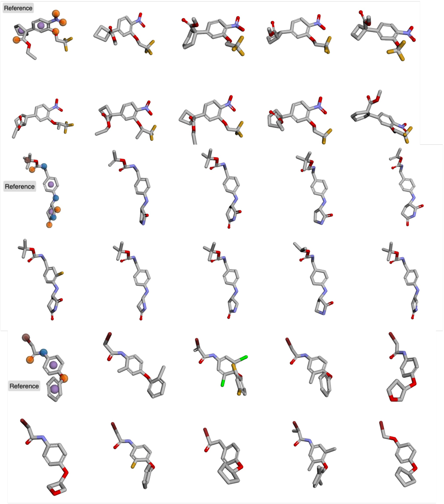 Figure 10: Examples of query (reference) and sampled molecules conditioned on pharmacophores. Samples were decoded using the 3D decoder, and we show the molecules in their predicted conformation.
