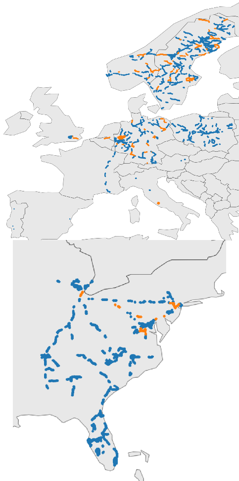 Figure 2: Geographical coverage of our dataset, split per train and test set.
