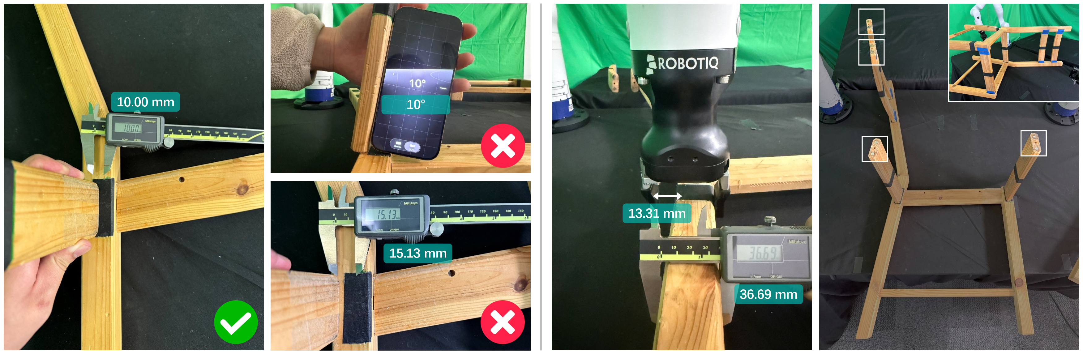 Figure 6: Real-world precision requirements. (Left) assembly tolerance with magnets. (Right) gripper clearance and multi-magnet alignment challenges.
