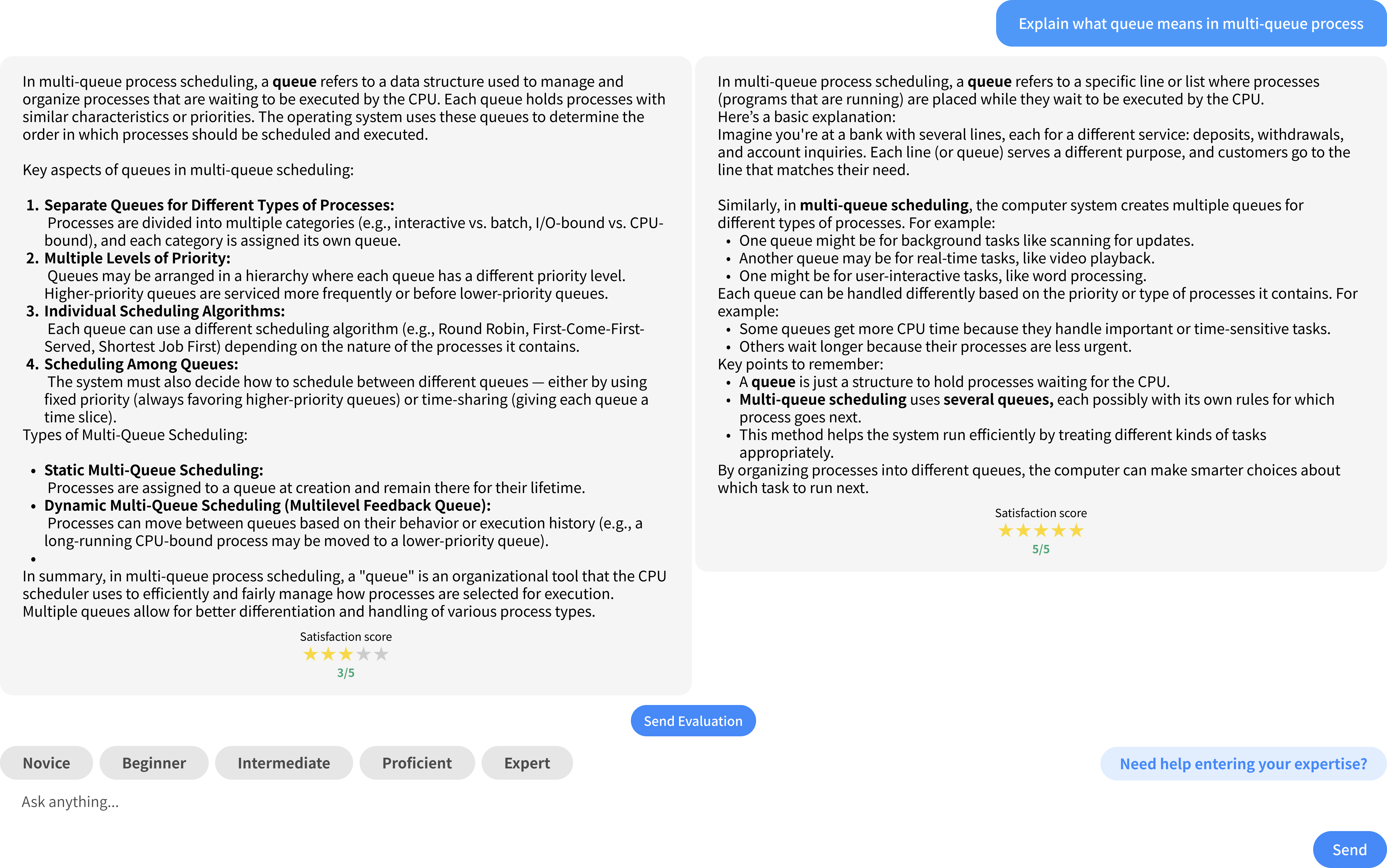 Figure 10: Custom web-based user study interface for capturing detailed user–LLM interaction data. Participants entered queries, self-reported their expertise level using a five-point scale (Novice\simExpert), and rated response satisfaction on a five-point Likert scale after each response.