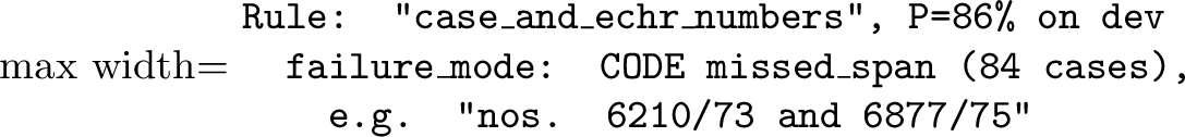 Figure 2: Example input rule for the refinement step. The rule is referred to by its name, followed by its dev-set precision, failure type, and number of matches