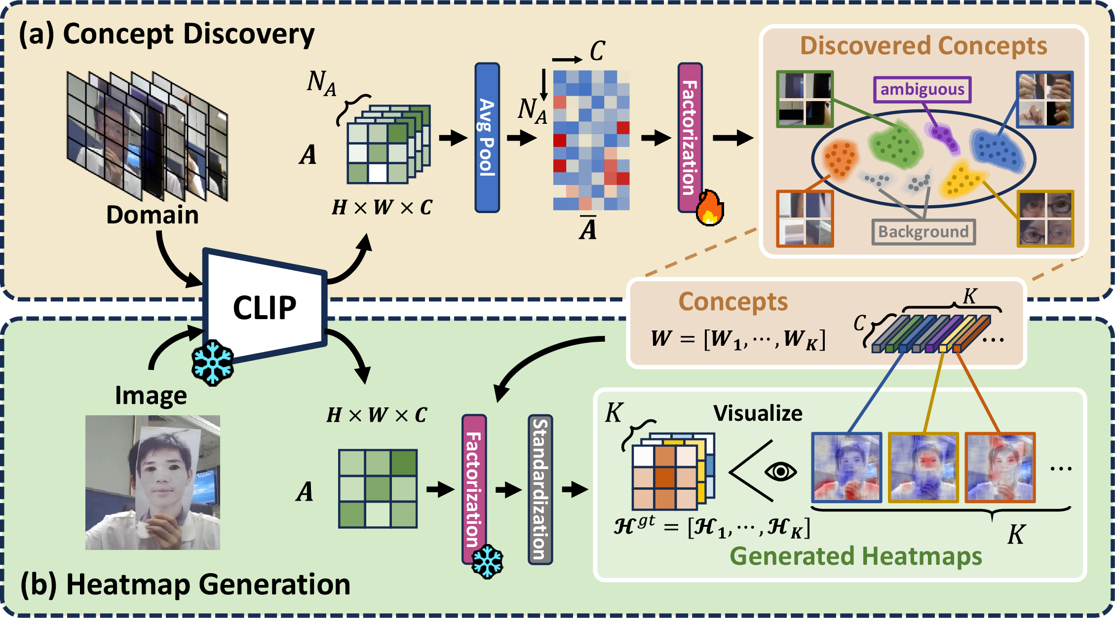 Figure 3: Detailed information of Visual Concept-driven Enhancement (VCE). VCE consists of two stages, (a) concept discovery and (b) concept-associated heatmap generation.