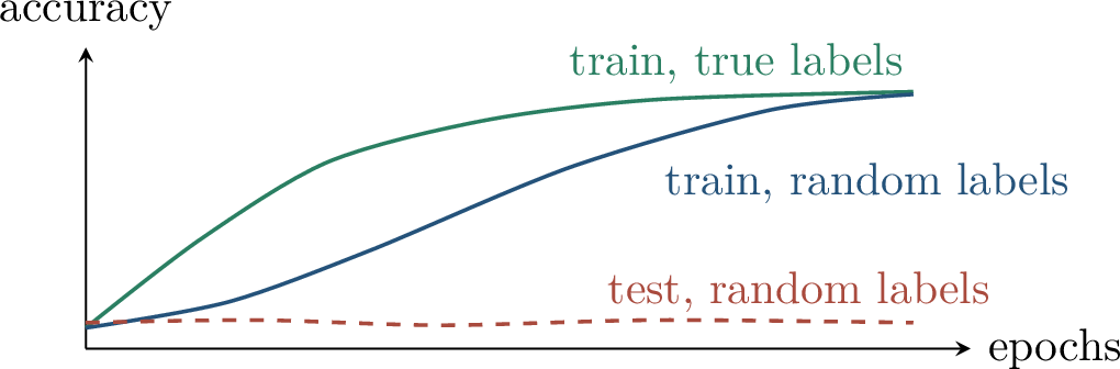 Figure 105: Deep networks can eventually fit random labels, while test accuracy under random labels remains at chance. Expressivity alone is not a generalization explanation.