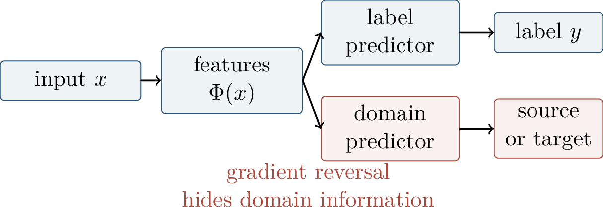 Figure 341: Domain-adversarial representation learning uses a task head and a domain head to encourage discriminative but domain-invariant features.