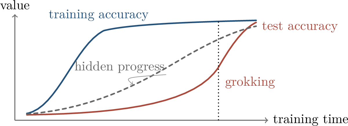 Figure 353: Grokking: training accuracy rises early, while test accuracy rises only after a delayed hidden mechanism becomes usable.