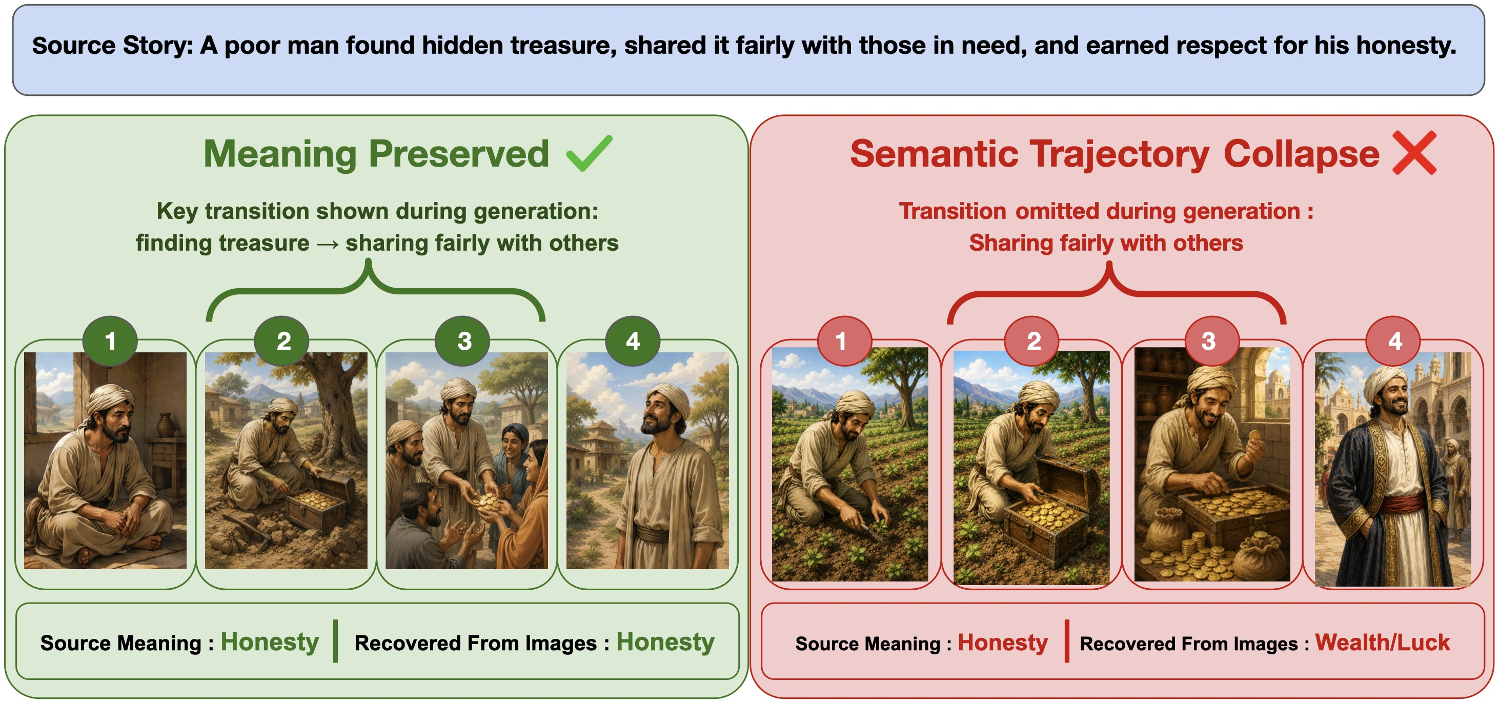 Figure 1: Semantic trajectory collapse. A generated storyboard may preserve characters, setting, and local coherence while changing the transition meaning recoverable from images alone. KathaTrace measures this loss using image-only recoverability and the Semantic Trajectory Gap.