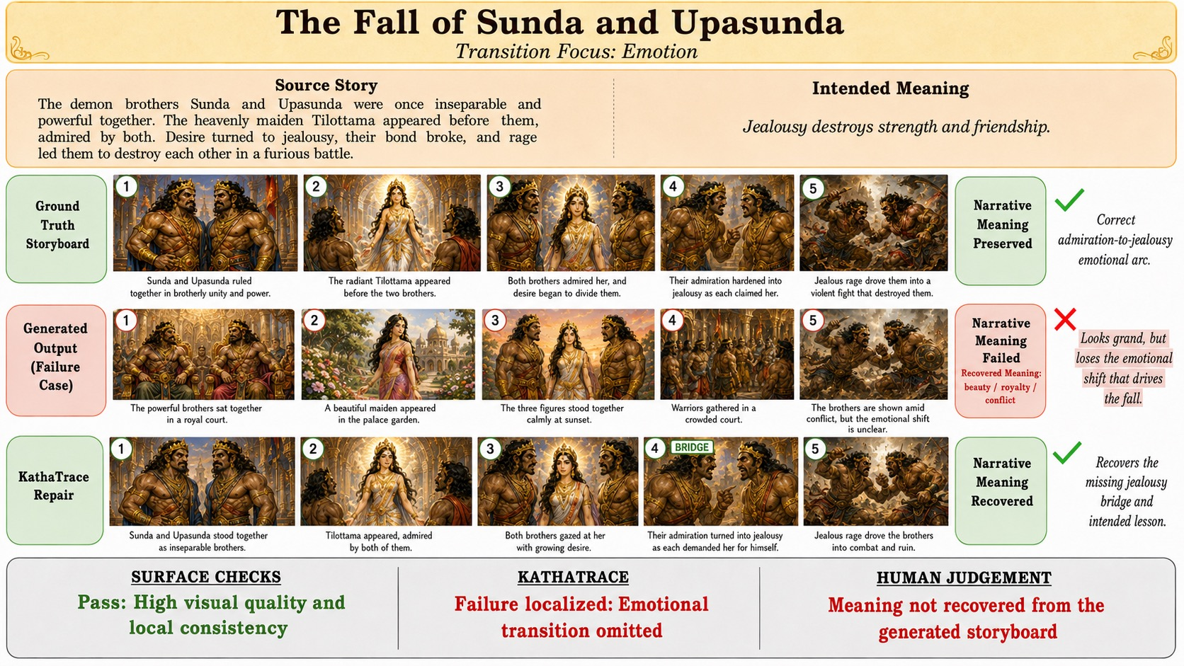 Figure 18: KathaBench-25K emotional failure. Missing admiration-to-jealousy turn in The Fall of Sunda and Upasunda.