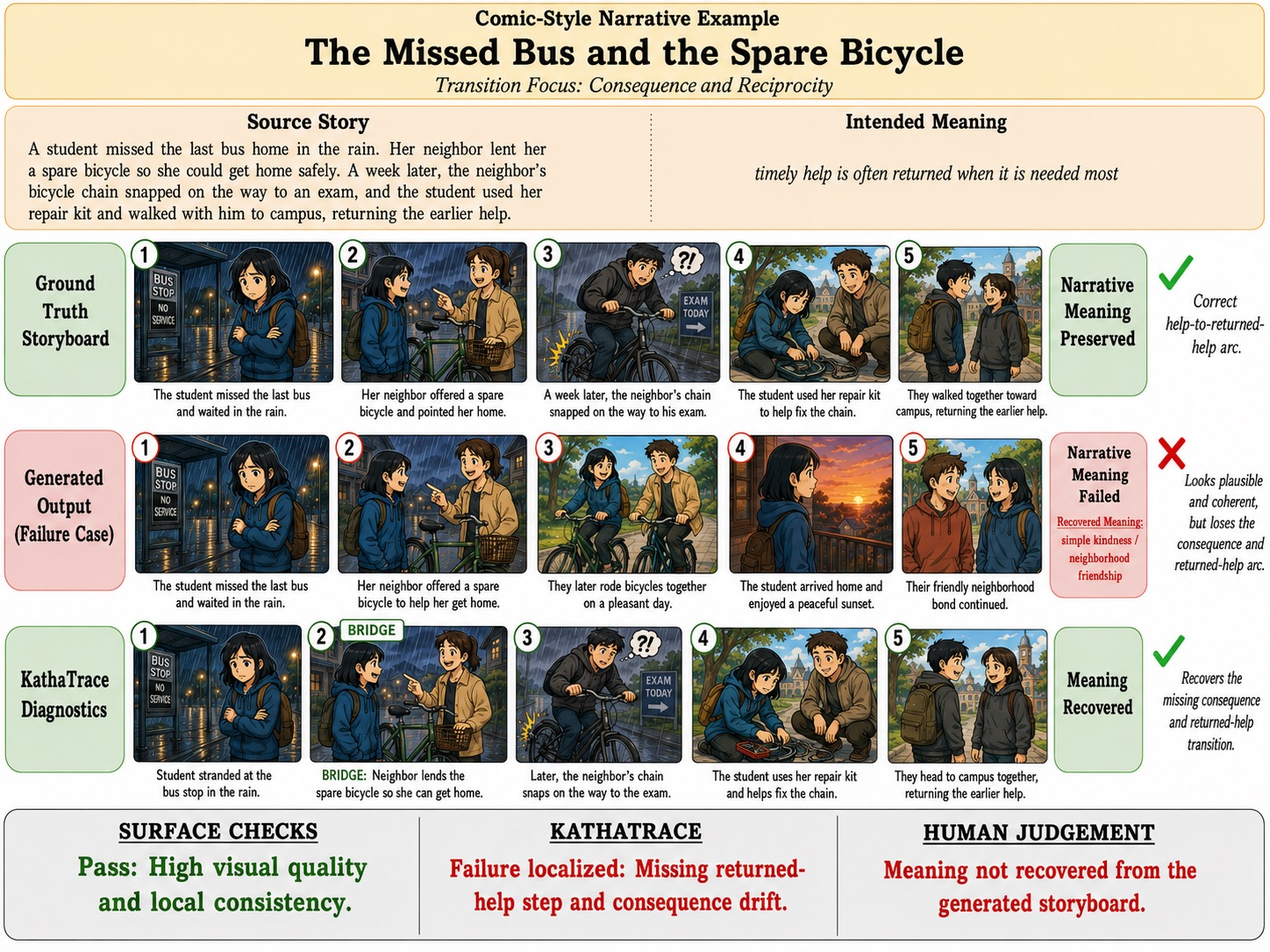 Figure 26: Comic-style pilot: spare-bicycle reciprocity. Cross-format KathaTrace example.
