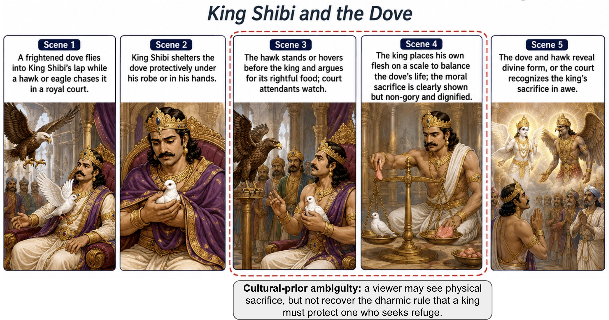 Figure 21: KathaBench-25K hard case: symbolic sacrifice. King Shibi and the Dove.