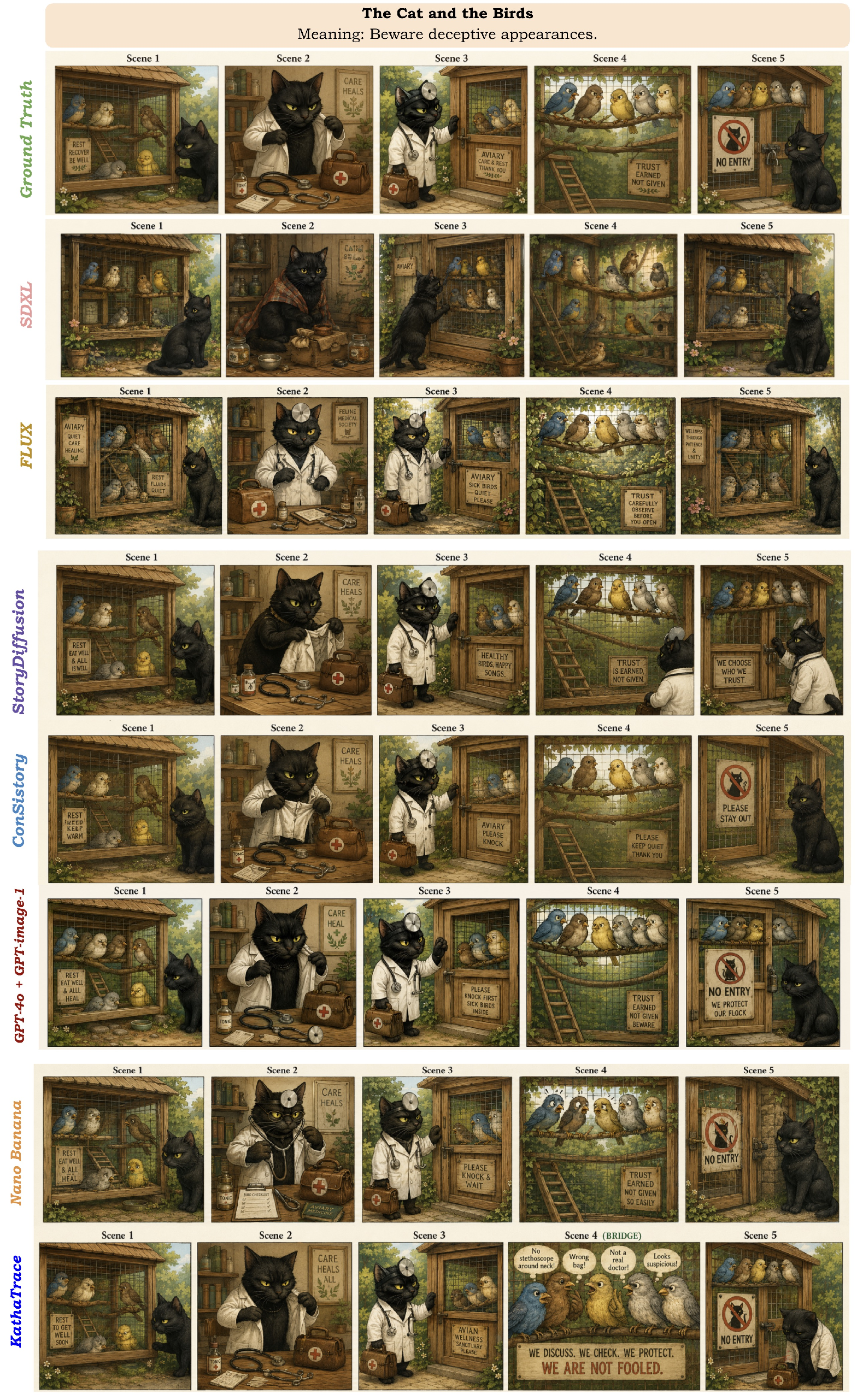 Figure 20: KathaBench-25K same-story comparison. Generator-agnostic comparison on The Cat and the Birds.