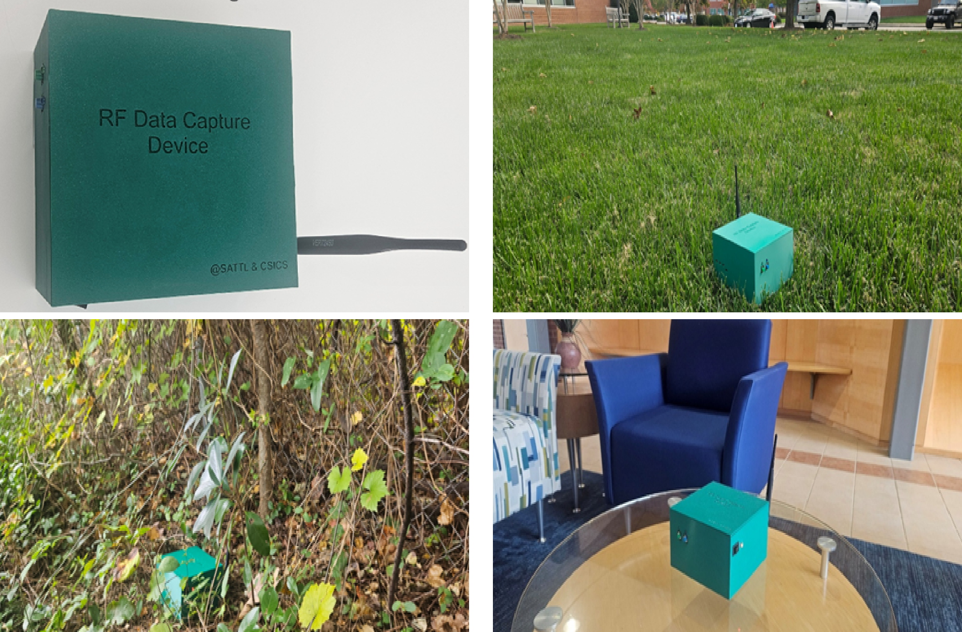 Figure 2: Deployment photographs showing the RF capture hardware (top left), urban outdoor site (top right), dense foliage environment (bottom left), and indoor office lobby deployment (bottom right).