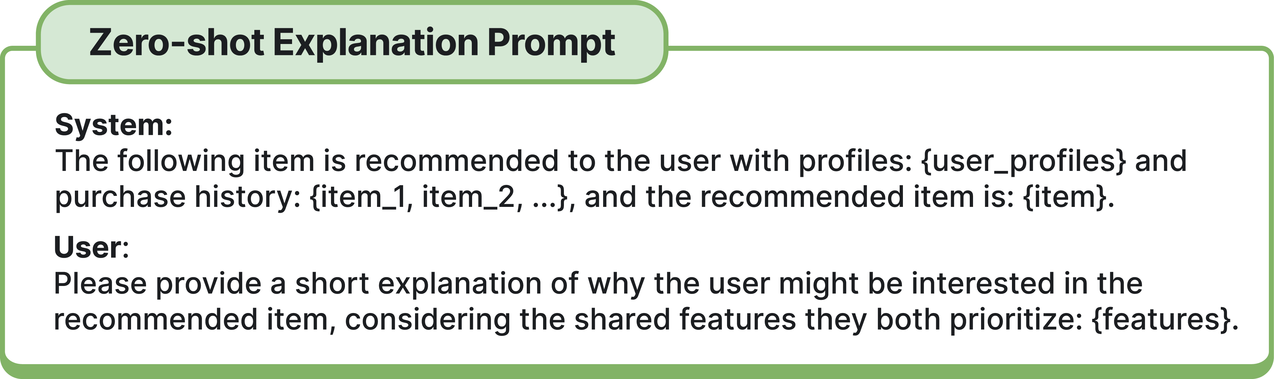 Figure 5: Zero-shot explanation prompt template for enhancing effective and personalized explanation generation.