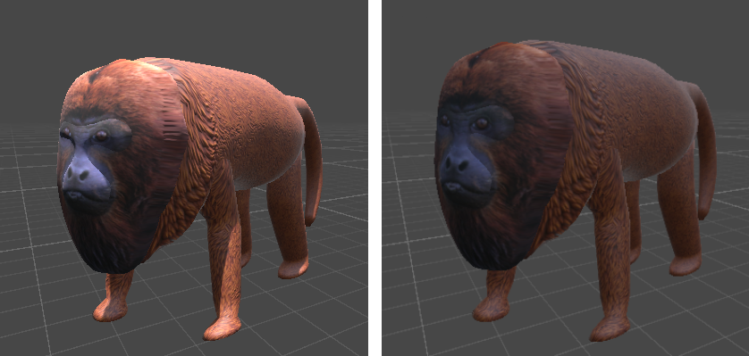 Figure 3: Brown howler monkey model used to generate the synthetic dataset, under two different lighting configurations.