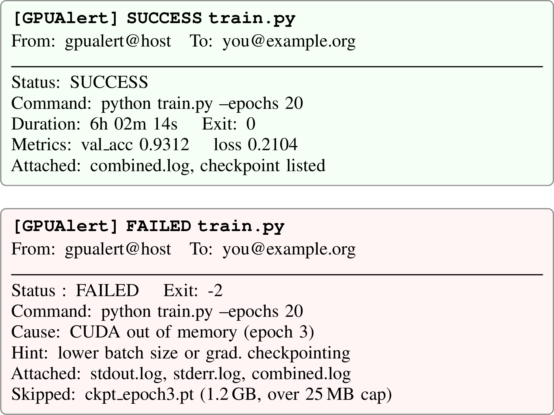Figure 3: Anonymized mockups of the two notification shapes. Success carries metrics and artifacts; failure carries the classified cause, a remediation hint, and durable logs, with oversized artifacts listed rather than dropped or emailed.