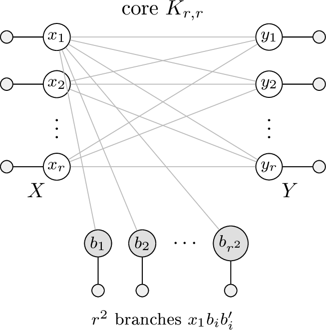 Figure 3: The connected bipartite equality family H_r. The core is K_{r,r}; every core vertex has one pendant leaf, and there are r^2 additional branches x_1b_i b_i'.