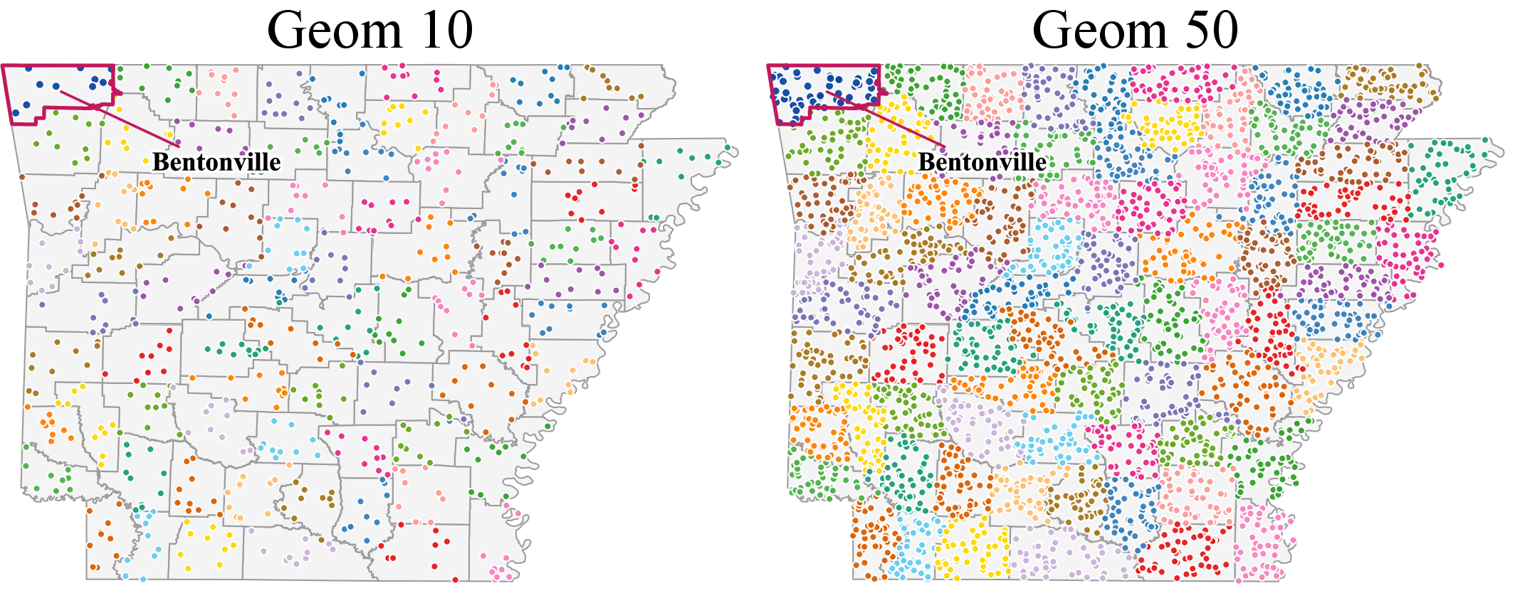 Figure 1: Region-to-point sampling on Arkansas counties: each county is replaced by k points drawn uniformly at random from its polygon. For example Benton County (outlined), contains exactly 10 points in Geom 10 (left) and exactly 50 points in Geom 50 (right).