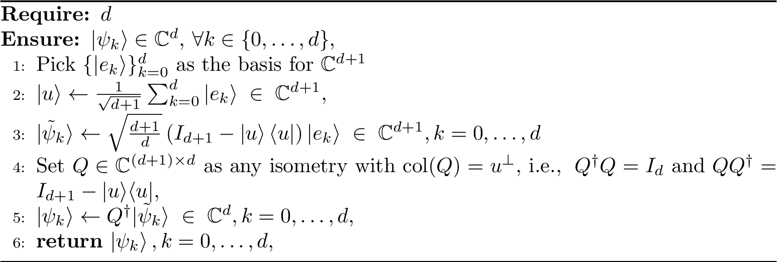 Figure 2: Regular simplex construction for ETF(d{+}1,\,d)