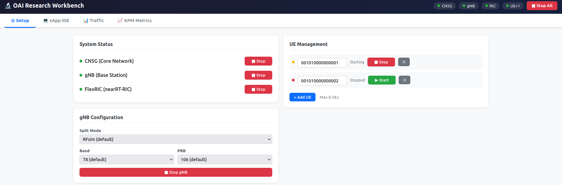 Figure 2: RIC Workbench setup tab showing all O-RAN stack components (CN5G, gNB, FlexRIC Near-RT RIC) running on a local workstation with one active UE. The dashboard enables researchers to orchestrate the full testbed through a browser interface without requiring dedicated hardware infrastructure.