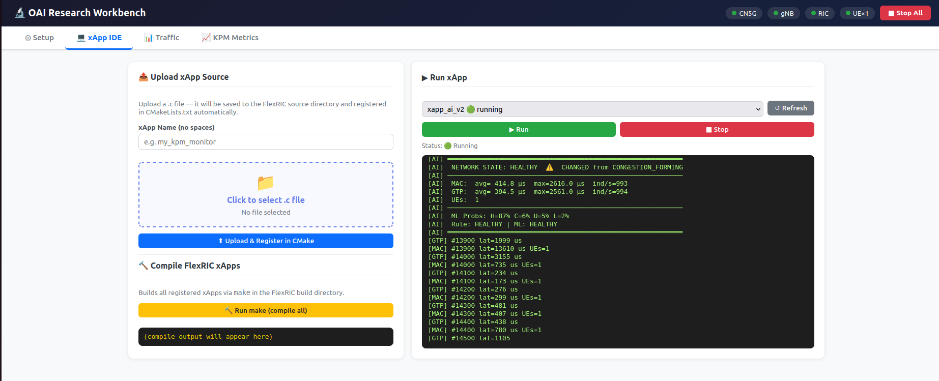 Figure 3: RIC Workbench xApp IDE tab during live operation of xapp_ai_v2. The console output shows real-time AI-driven network state classification, including a CONGESTION_FORMING-to-HEALTHY state transition with ML probabilities H=87%, C=6%, U=5%, L=2%, and live MAC/GTP service model indication latencies.