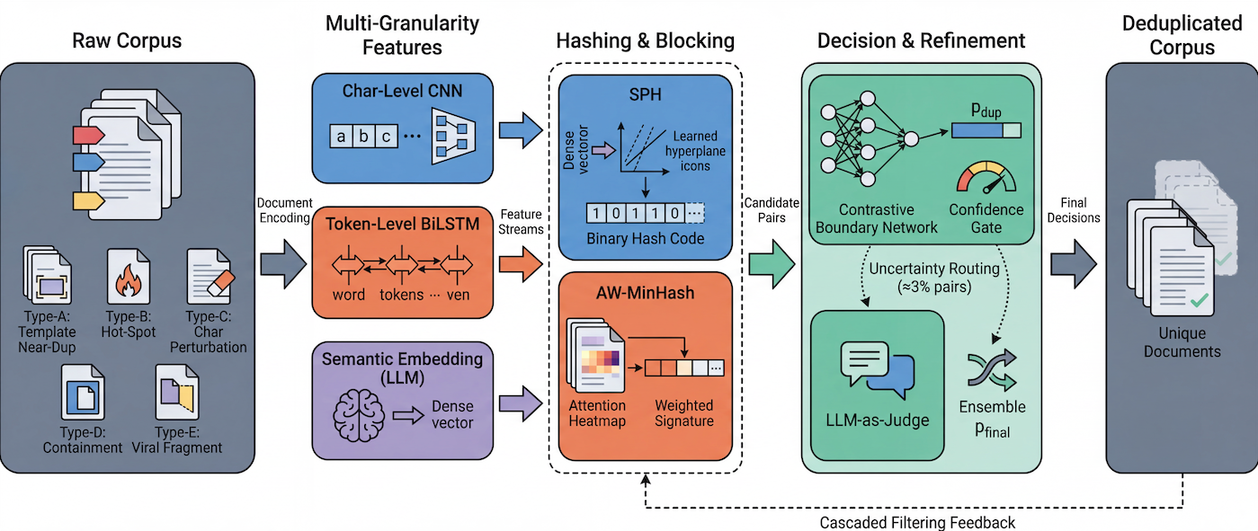 Figure 1: Overview of the SemHash-LLM framework. Documents are encoded into multi-granularity features (character, token, semantic levels), processed through Semantic Projection Hashing and Attention-Weighted MinHash for efficient candidate generation, and refined via Contrastive Boundary Learning with LLM-as-Judge for borderline cases. The pipeline handles five deduplication types (A–E) within a unified architecture.