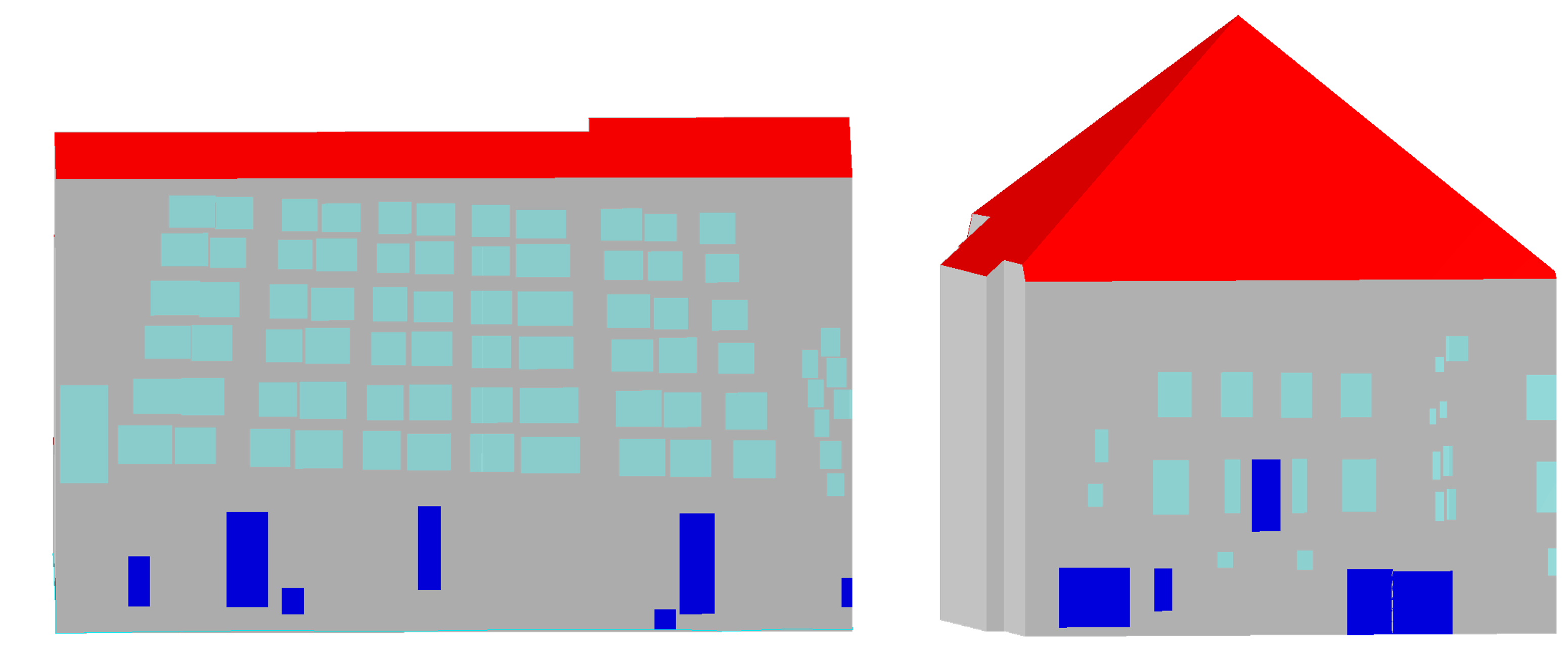 Figure 10: Semantic enrichment for buildings with diverse morphologies: roof tile materials (red, right), tar paper roofs (red, left), with windows (cyan) and doors (blue). The resulting roof and facade semantics are stored within pykci.