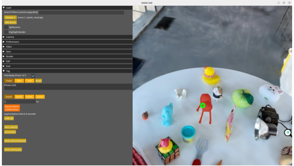 Figure 14: Illustration of GUI-based implementation for SAGO. The GUI allows users to interactively perform segmentation in 3D scenes, select target objects, visualize segmentation results, and adjust parameters such as the mask expansion coefficient for MFF.