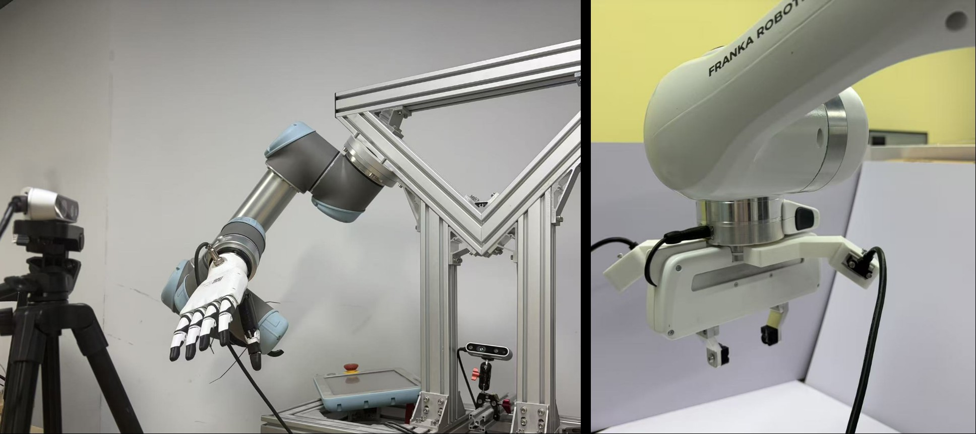 Figure 2: Experimental setup. Left: the setup for the hanging and hinge-based tasks, consisting of a UR5 robot, an Inspire dexterous hand and two Intel RealSense D435 cameras. Right: the setup for the insertion tasks, consisting of a Franka robot and two wrist-mounted Intel RealSense D405 cameras.