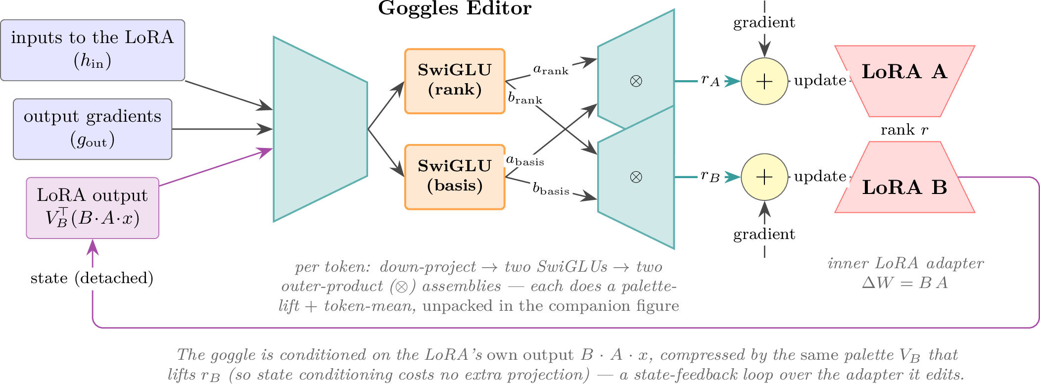 Figure 2: The Goggles editor. Per-token inputs (LoRA inputs h_{\mathrm{in}}, output gradients g_{\mathrm{out}}, and the detached LoRA output V_B^\top(B\!\cdot\!A\!\cdot\!x)) feed two SwiGLU heads (rank, basis); two outer-product assemblies produce the residuals \hat{r}_A,\hat{r}_B added to the LoRA gradients.