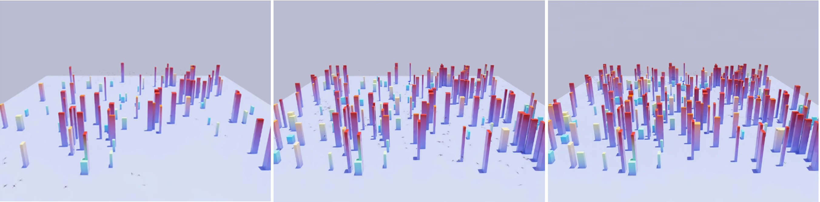 Figure 4: Simulation environments with varying obstacle densities (100, 200, and 300 obstacles from left to right).