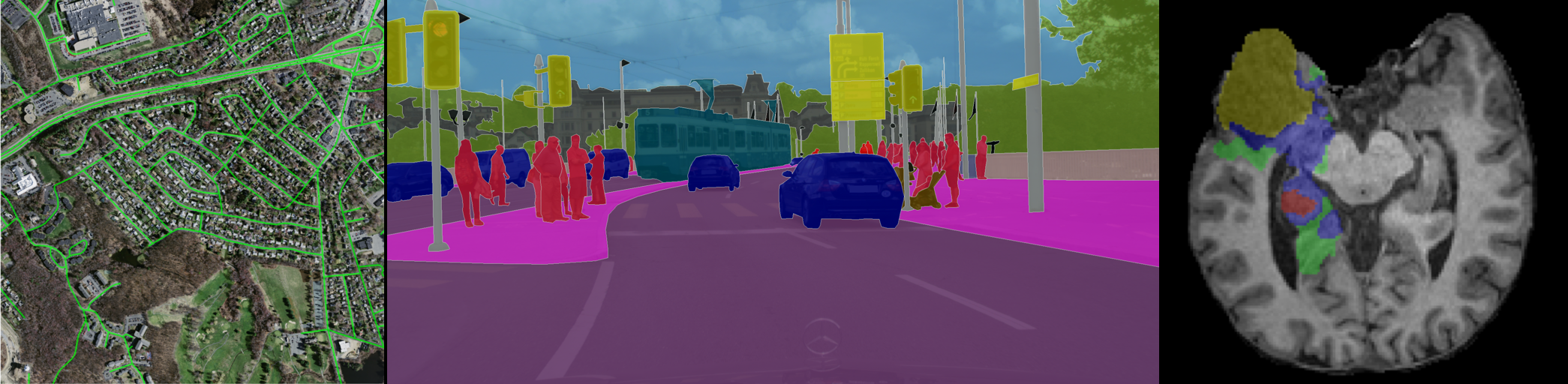 Figure 2: Sample inputs with ground-truth segmentation overlays from Massachusetts Roads, Cityscapes, and BraTS2024 Glioma (left to right). For BraTS, we show a 2D slice from the 3D MRI volume.