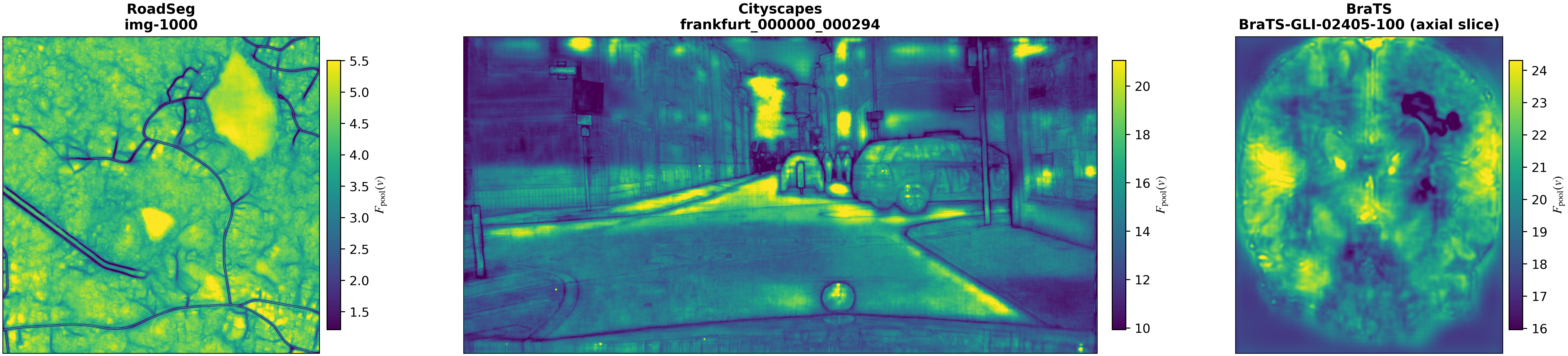Figure 3: Spatial maps of the pooled-logit free energy F_{\mathrm{pool}}(v) = \log \sum_{c=1}^{C} \exp(z_{\mathrm{pool},c}(v)) for representative test images from RoadSeg, Cityscapes, and BraTS.