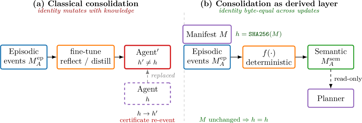 Figure 1: Two stances on memory consolidation in regulated embodieddeployment. (a) Classical consolidation binds the learnedoutput to the agent itself: fine-tuning, reflection, distillation,or in-context-memory rewrites all change the artefact whose hashdefines the certified identity. Every consolidation pass becomes are-certification event. (b) The construction in this paperseparates the manifest M (whose hash h binds the certificate)from a derived semantic layer M^{\mathrm{sem}}_{A}= f(M^{\mathrm{ep}}_{A}). The hash inputsexclude M^{\mathrm{sem}}_{A} by construction (Lemma 1); theplanner reads M^{\mathrm{sem}}_{A} through a read-only surface and nevermutates the manifest. The robot accumulates operational knowledgewithout moving its identity certificate.