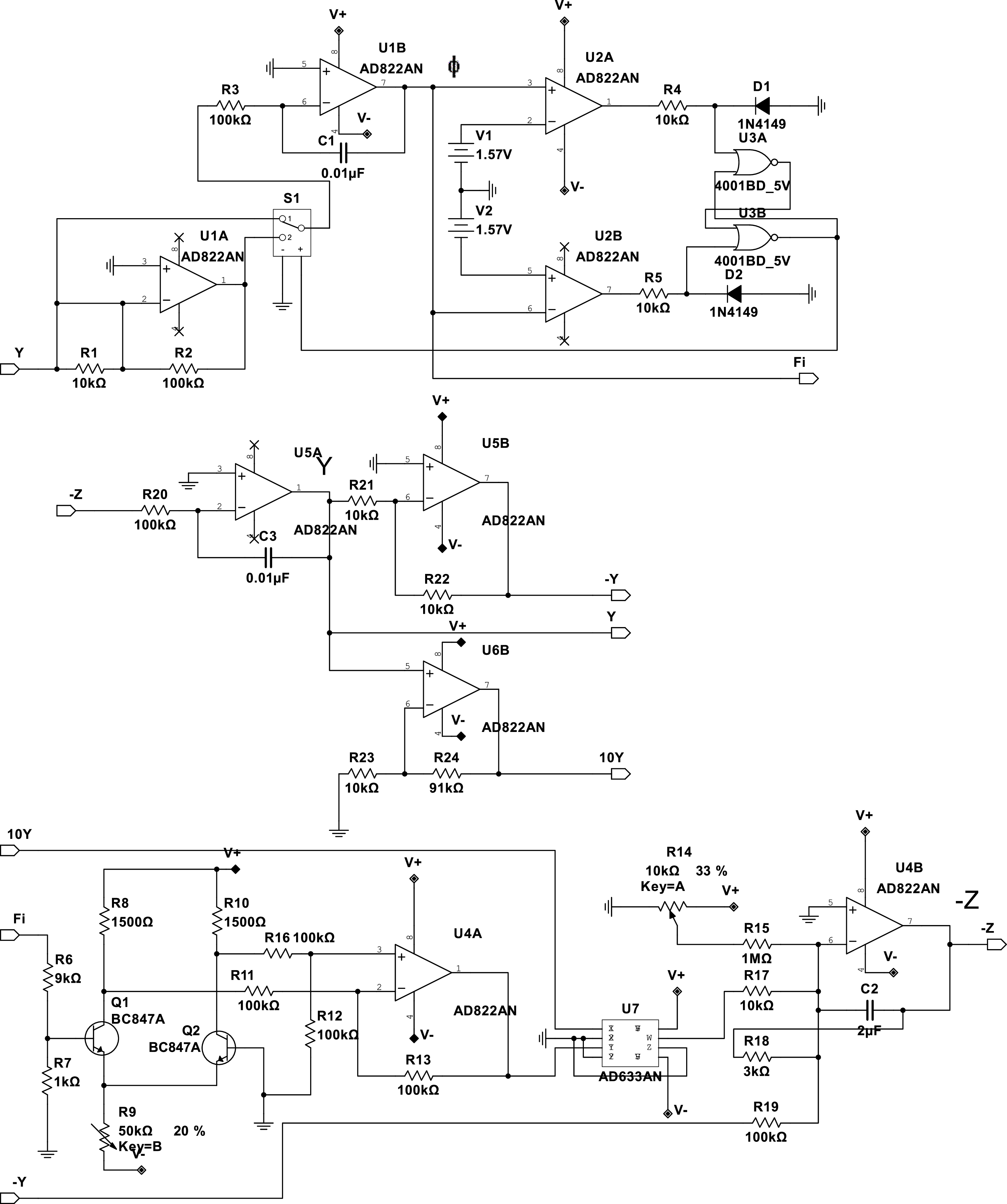 Figure 6: The engineering constructive scheme of the modified electronic neuron model described by the equations (3 ) implementing the block diagram from Fig. 4 using actual electronic elements.