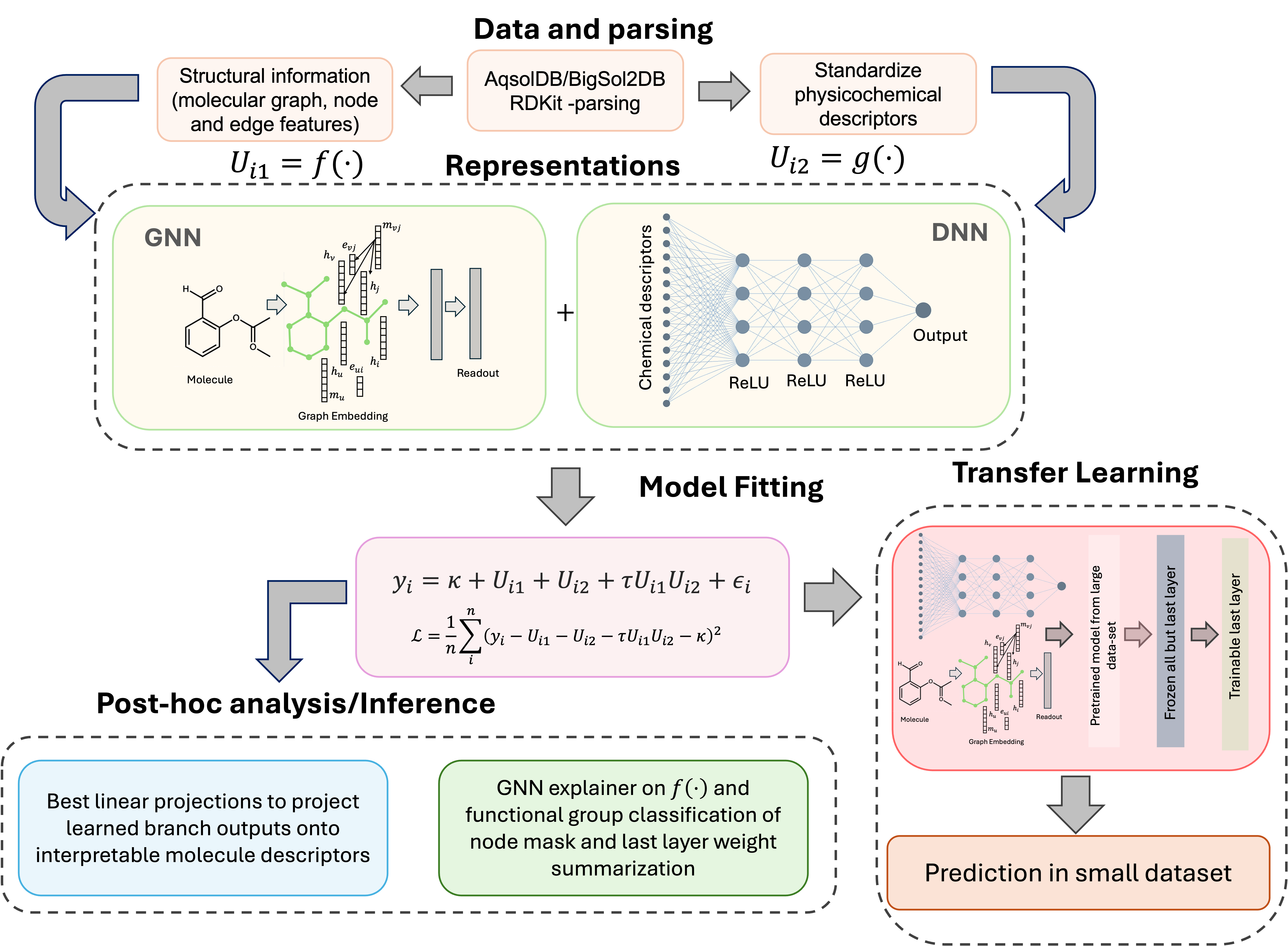 Figure 1: Proposed additive deep-learning framework for aqueous solubility analysis combining two separate branches of outputs. Global physicochemical descriptors are encoded by the chemical branch via g, while molecular graph structure is encoded by the structural branch via f. The two learned branch outputs are combined through an additive model with an optional multiplicative interaction.